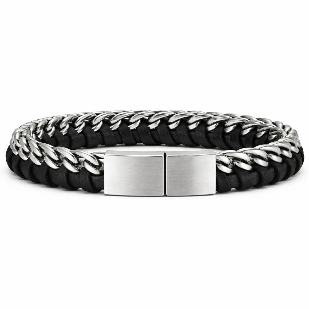 Für Herren:Leder-Edelstahl-Armband mit optionaler Gravur Nr. 13