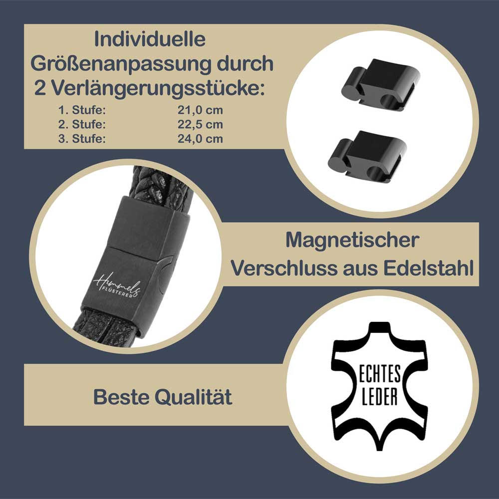 Für Herren: Leder Gravur-Armband Nr. 4 für 4 Gravuren | individuelle Größenanpassung | Magnetischer Verschluss | Echtes Leder