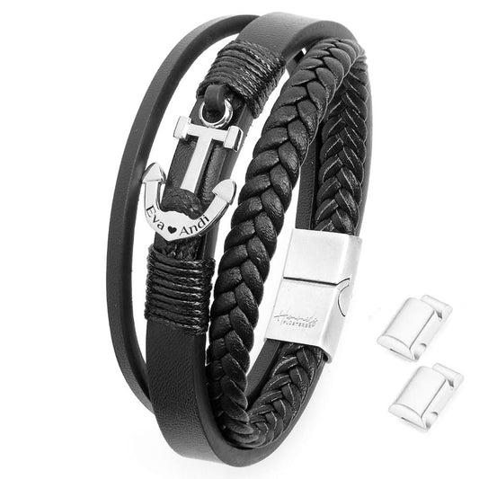 Für Herren: Leder Gravur-Armband Nr. 5 "Anker" | individuelle Größenanpassung | Magnetischer Verschluss | Echtes Leder