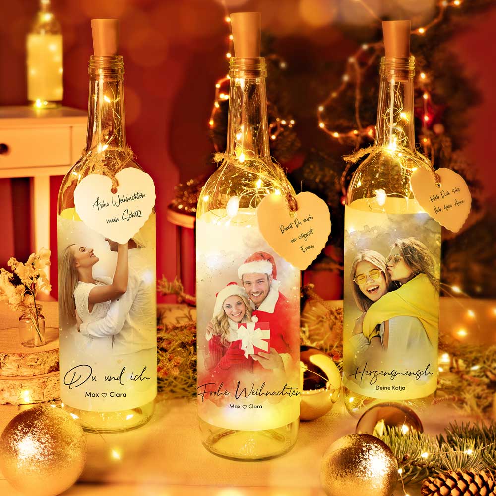 Deko-Glasflasche Nr. 8 "Aquarell" als personalisiertes Geschenk mit deinem eigenem Foto inkl. Lichterkette | Fotogeschenk | inkl. Batterien