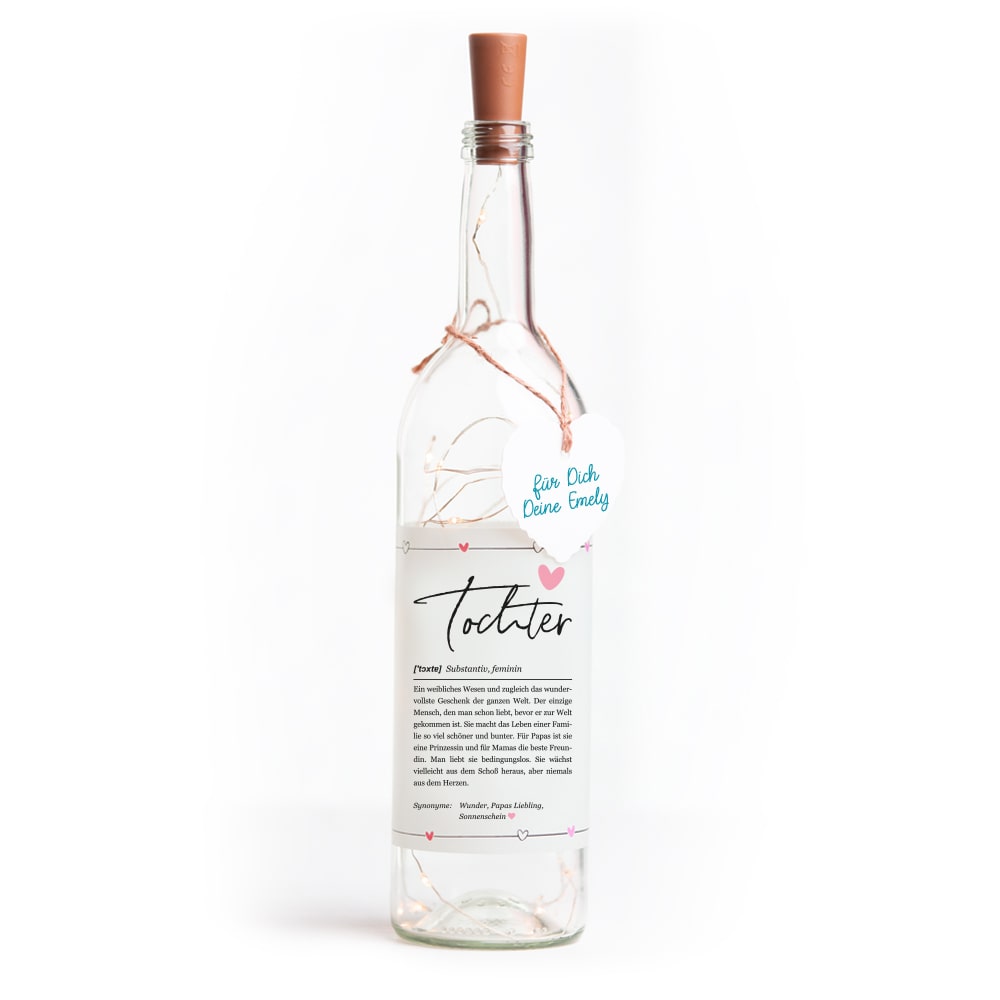 Deko-Glasflasche Nr. 1 "Definition" mit LED Lichterkette & Spruch im DUDEN-Stil als Geschenk | Lichterflasche | Flaschenlicht | LED Deko