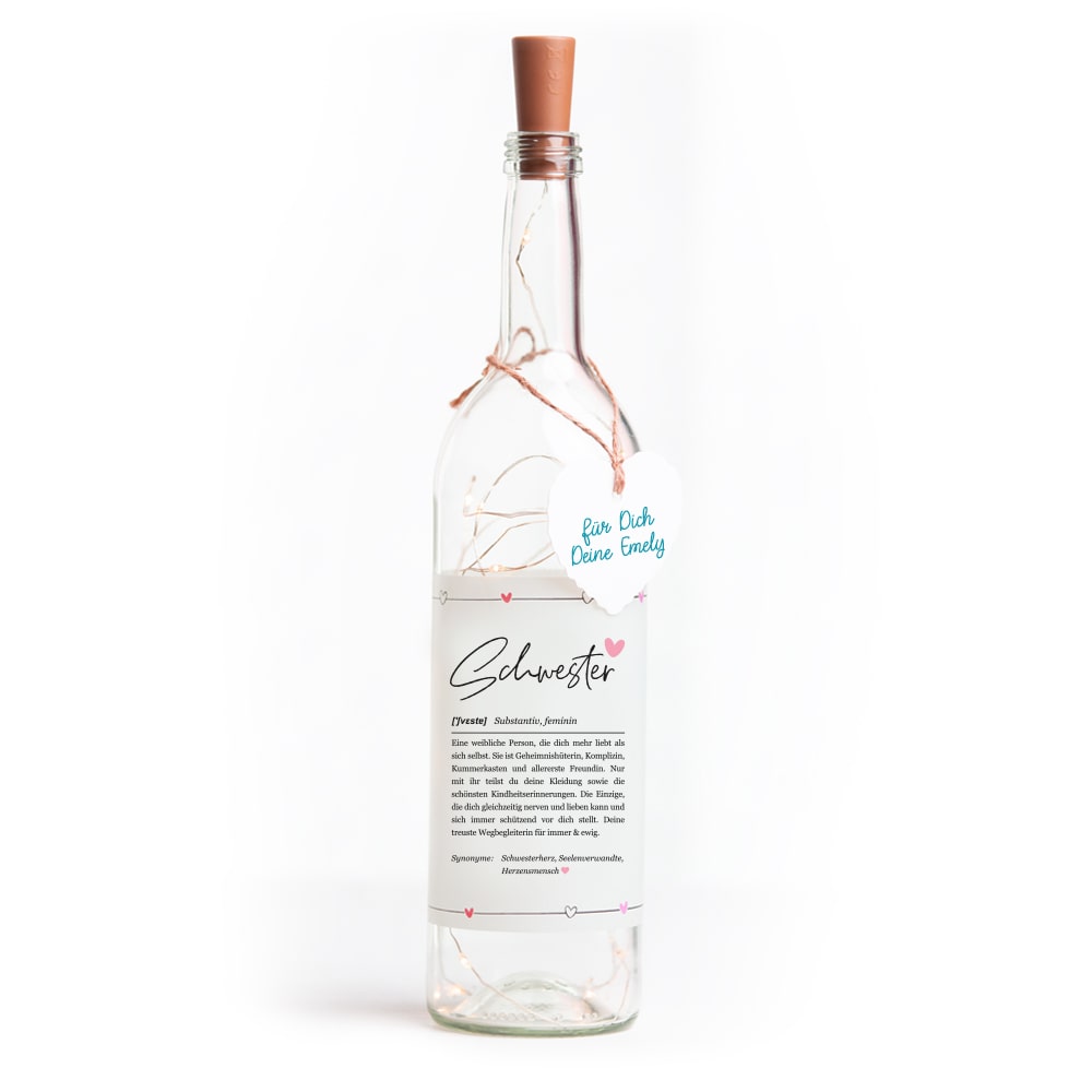 Deko-Glasflasche Nr. 1 "Definition" mit LED Lichterkette & Spruch im DUDEN-Stil als Geschenk | Lichterflasche | Flaschenlicht | LED Deko