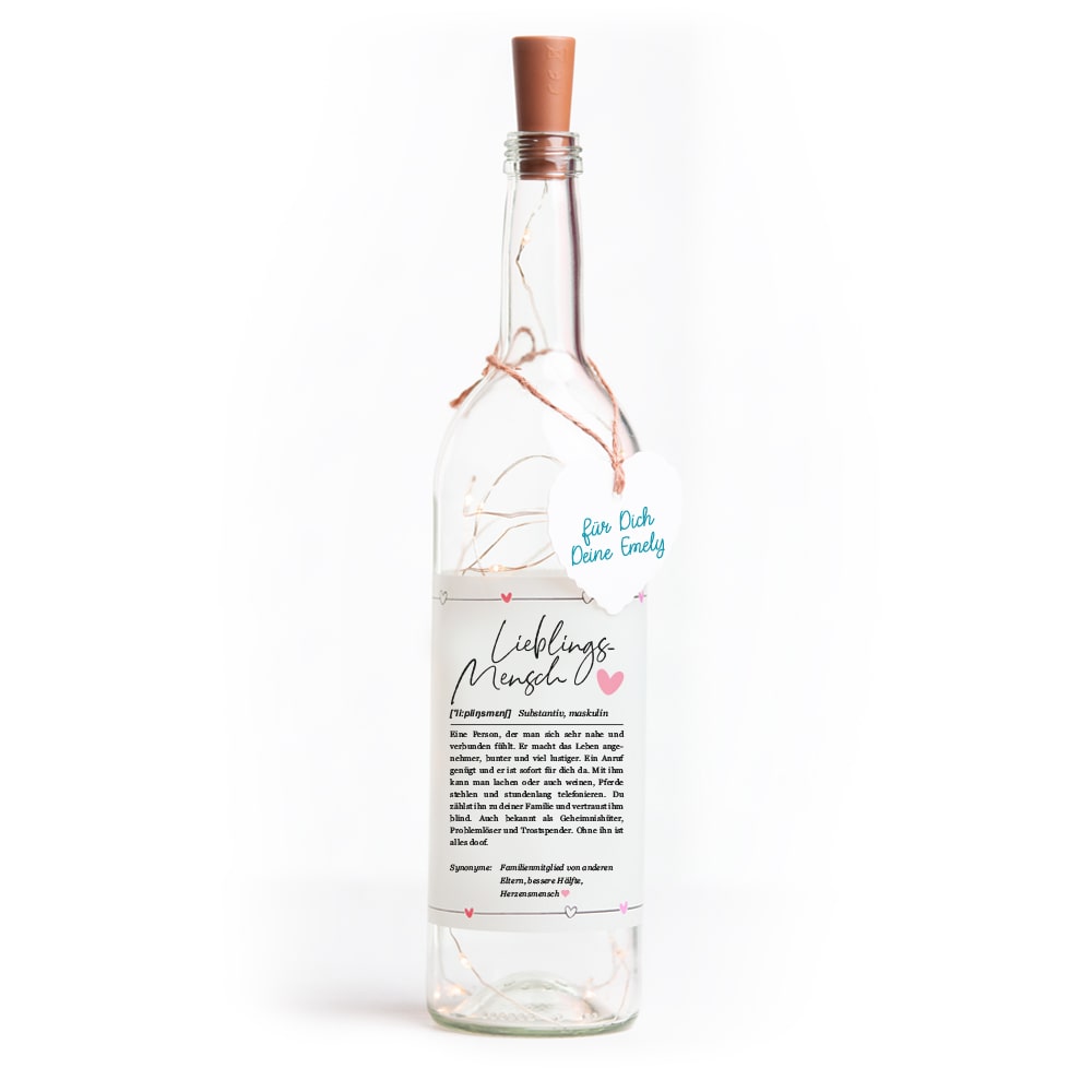 Deko-Glasflasche Nr. 1 "Definition" mit LED Lichterkette & Spruch im DUDEN-Stil als Geschenk | Lichterflasche | Flaschenlicht | LED Deko