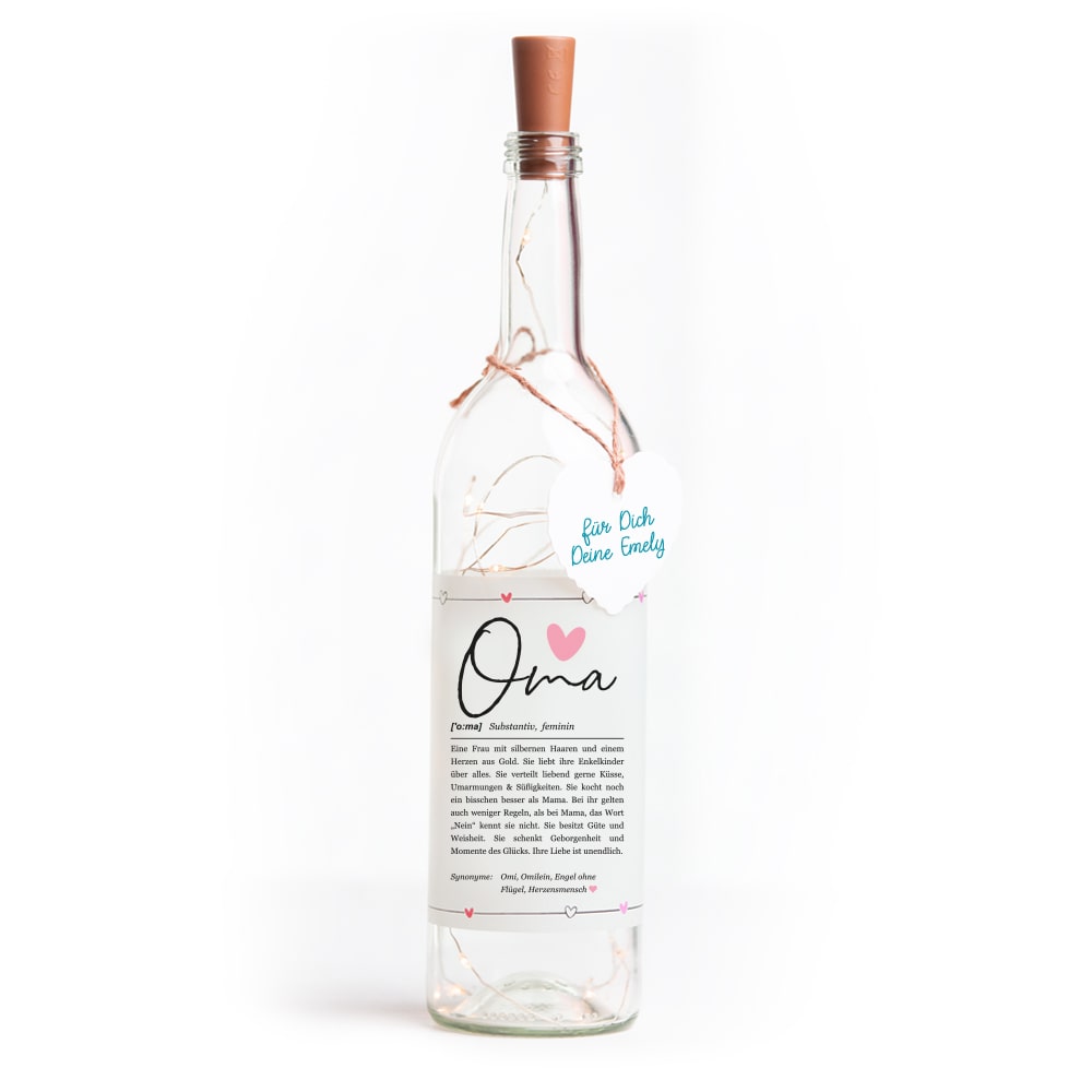 Deko-Glasflasche Nr. 1 "Definition" mit LED Lichterkette & Spruch im DUDEN-Stil als Geschenk | Lichterflasche | Flaschenlicht | LED Deko