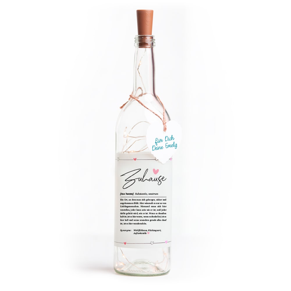 Deko-Glasflasche Nr. 1 "Definition" mit LED Lichterkette & Spruch im DUDEN-Stil als Geschenk | Lichterflasche | Flaschenlicht | LED Deko