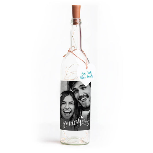 Deko-Glasflasche Nr. 7 "Foto" als personalisiertes Geschenk mit Lichterkette | Fotogeschenk | inkl. Batterien