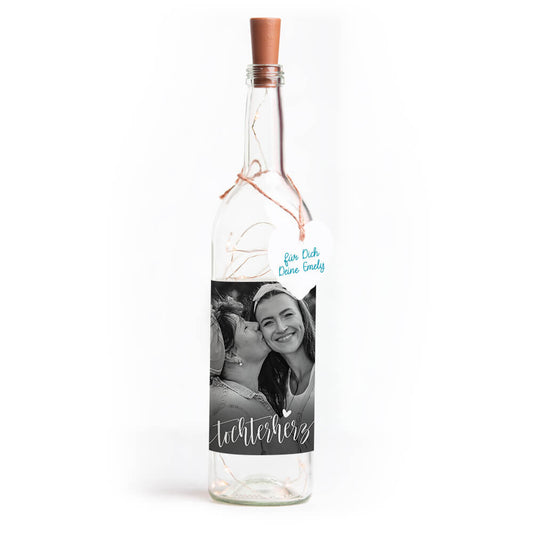 Deko-Glasflasche Nr. 7 "Foto" als personalisiertes Geschenk mit Lichterkette | Fotogeschenk | inkl. Batterien
