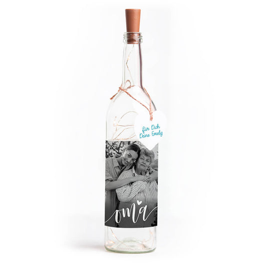 Deko-Glasflasche Nr. 7 "Foto" als personalisiertes Geschenk mit Lichterkette | Fotogeschenk | inkl. Batterien