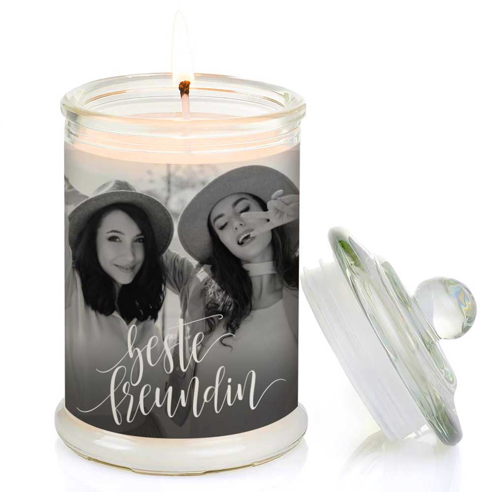 Duftkerze im Glas Nr. 7 "Foto" als personalisiertes Geschenk - Groß | Duft: Vanille | Handgegossen in Bayern | 100% Sojawachs | 400 g Wachs | bis zu 100 h Brenndauer