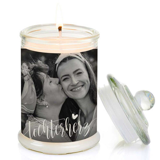 Duftkerze im Glas Nr. 7 "Foto" als personalisiertes Geschenk - Groß | Duft: Vanille | Handgegossen in Bayern | 100% Sojawachs | 400 g Wachs | bis zu 100 h Brenndauer