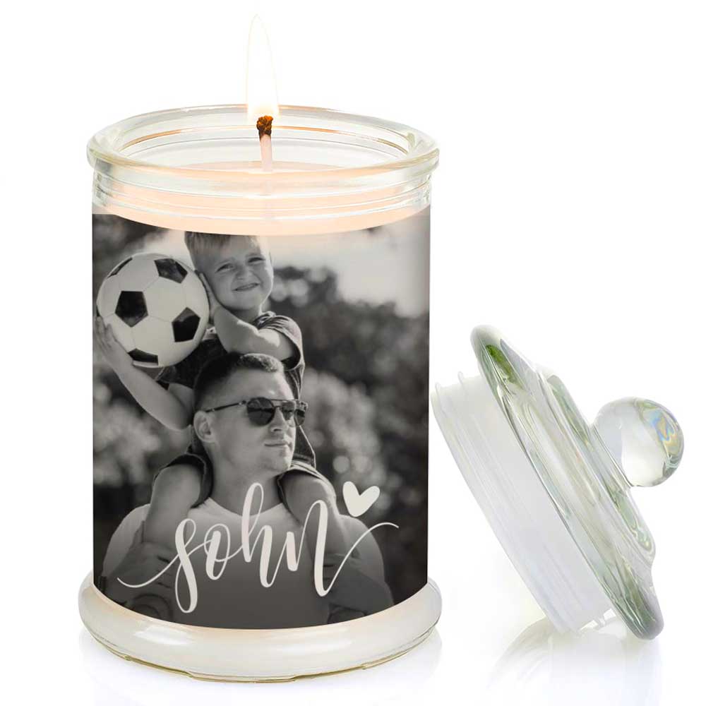 Duftkerze im Glas Nr. 7 "Foto" als personalisiertes Geschenk - Groß | Duft: Vanille | Handgegossen in Bayern | 100% Sojawachs | 400 g Wachs | bis zu 100 h Brenndauer