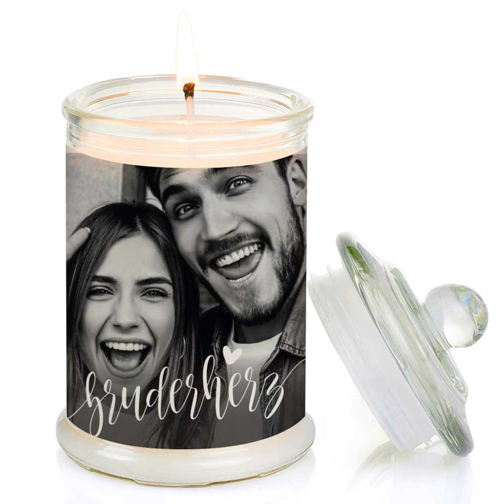 Duftkerze im Glas Nr. 7 "Foto" als personalisiertes Geschenk - Groß | Duft: Vanille | Handgegossen in Bayern | 100% Sojawachs | 400 g Wachs | bis zu 100 h Brenndauer