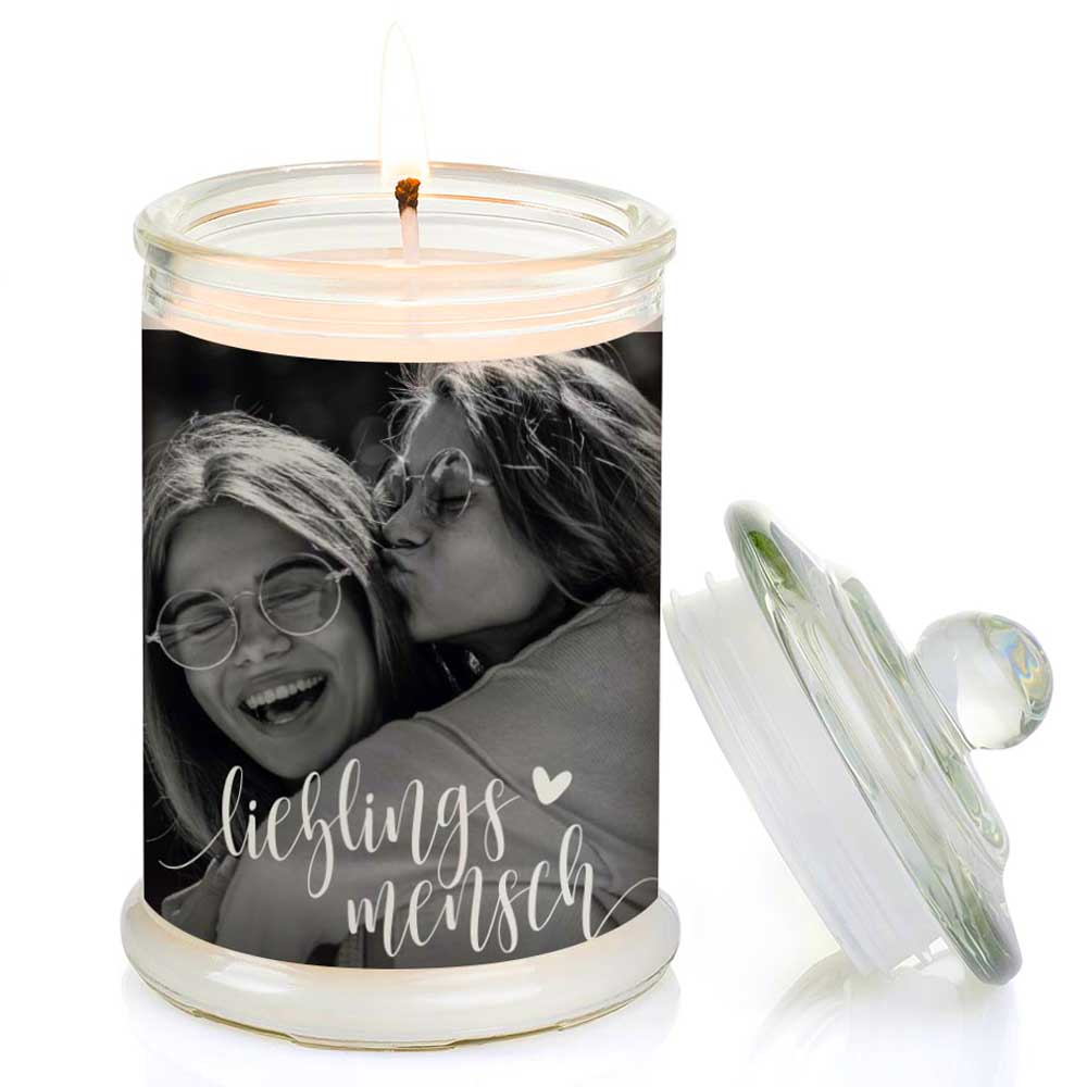 Duftkerze im Glas Nr. 7 "Foto" als personalisiertes Geschenk - Groß | Duft: Vanille | Handgegossen in Bayern | 100% Sojawachs | 400 g Wachs | bis zu 100 h Brenndauer