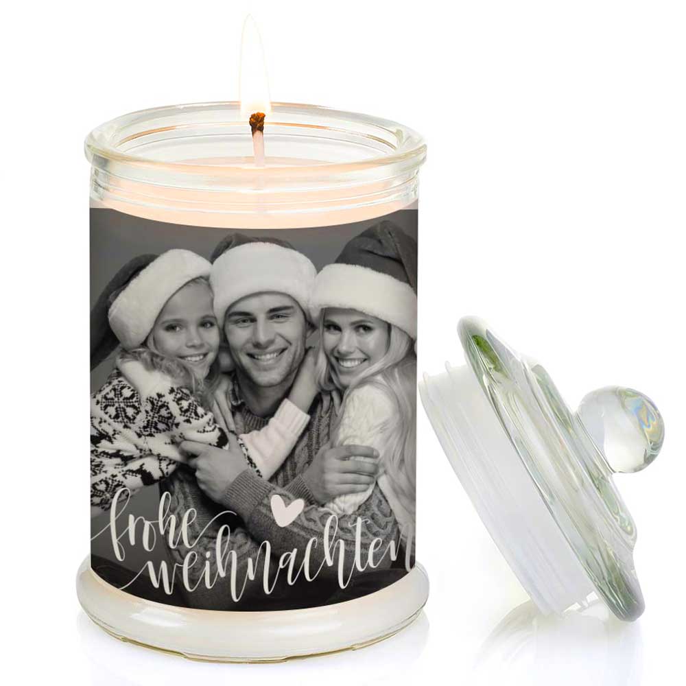 Duftkerze im Glas Nr. 7 "Foto" als personalisiertes Geschenk - Groß | Duft: Vanille | Handgegossen in Bayern | 100% Sojawachs | 400 g Wachs | bis zu 100 h Brenndauer
