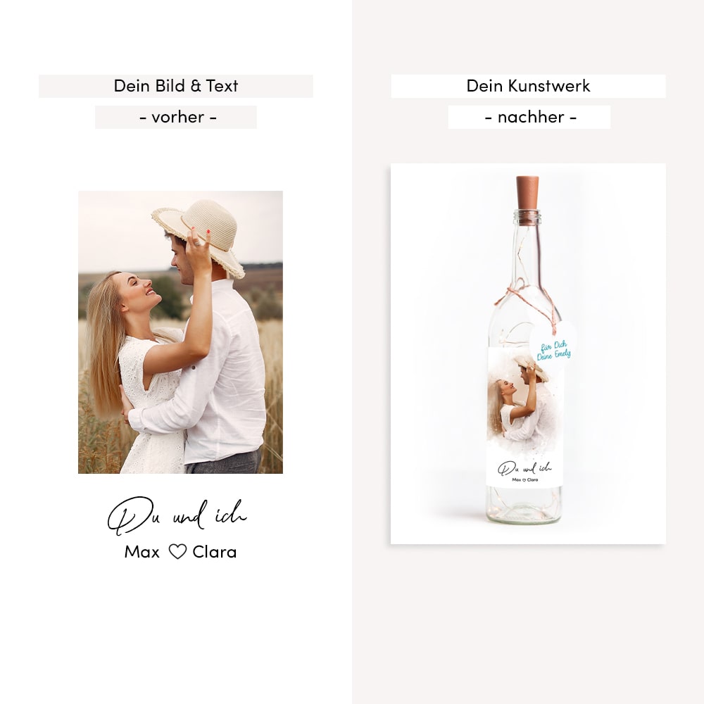 Deko-Glasflasche Nr. 8 "Aquarell" als personalisiertes Geschenk mit deinem eigenem Foto inkl. Lichterkette | Fotogeschenk | inkl. Batterien