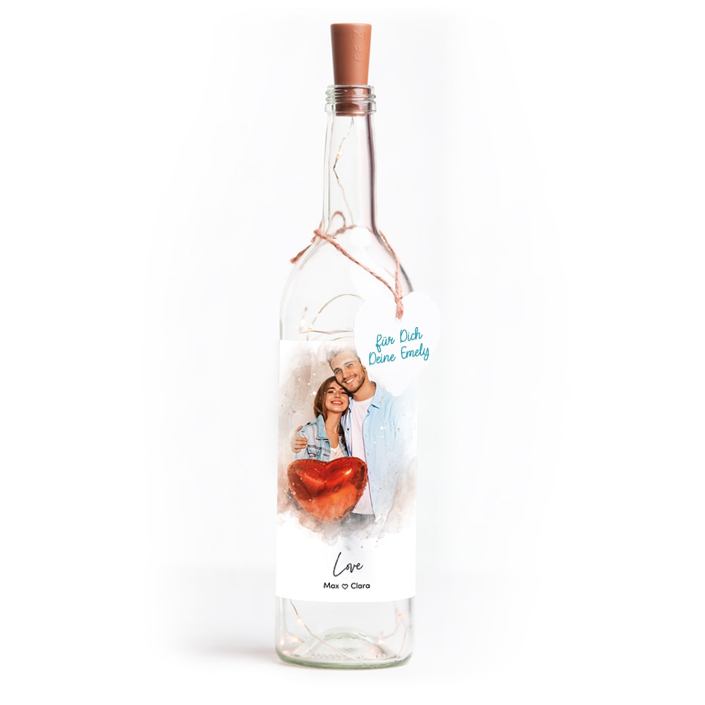 Deko-Glasflasche Nr. 8 "Aquarell" als personalisiertes Geschenk mit deinem eigenem Foto inkl. Lichterkette | Fotogeschenk | inkl. Batterien