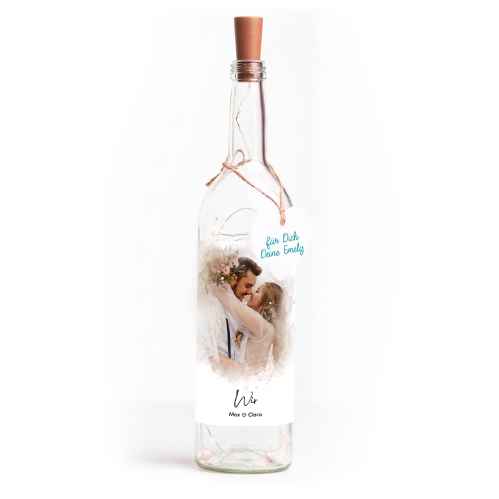 Deko-Glasflasche Nr. 8 "Aquarell" als personalisiertes Geschenk mit deinem eigenem Foto inkl. Lichterkette | Fotogeschenk | inkl. Batterien