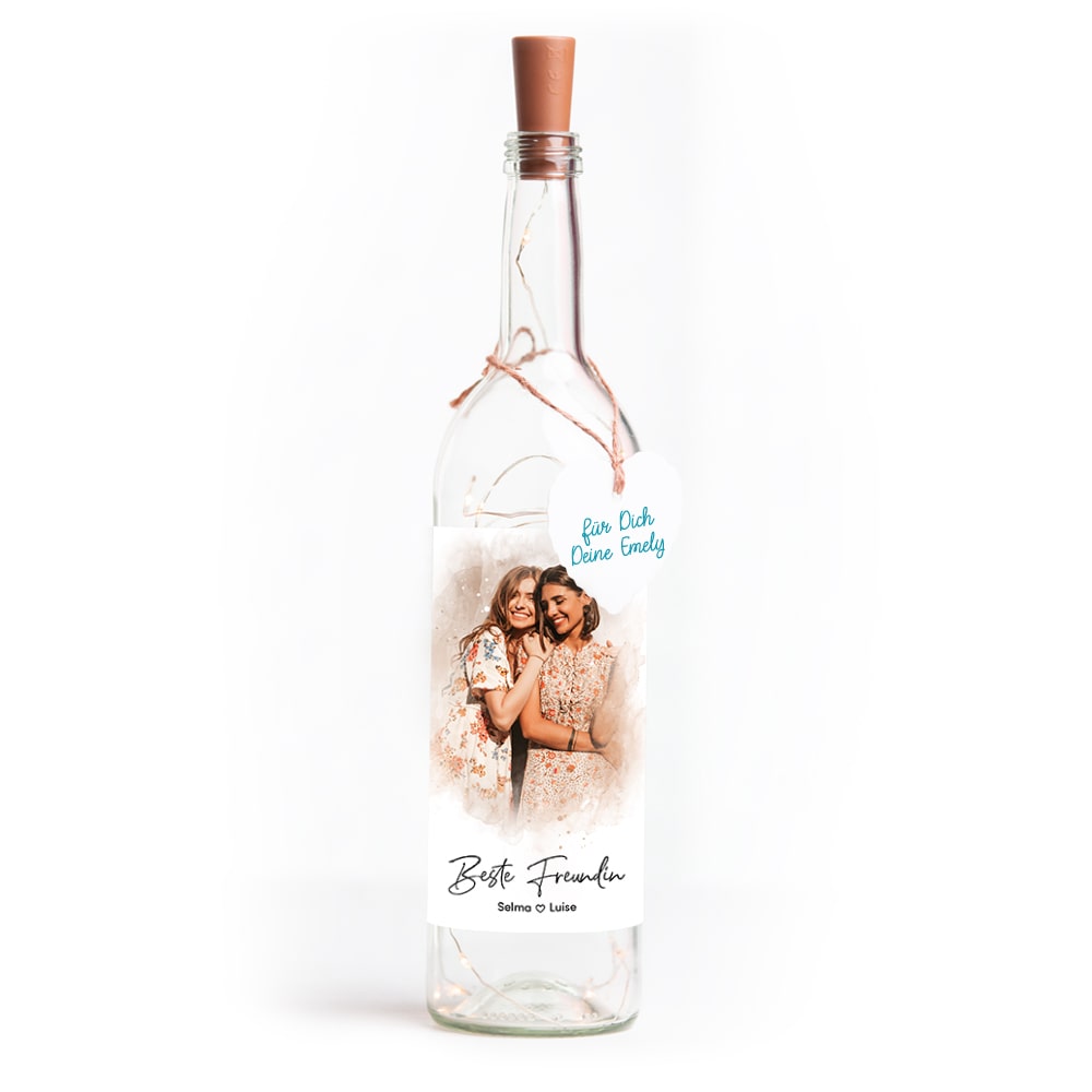 Deko-Glasflasche Nr. 8 "Aquarell" als personalisiertes Geschenk mit deinem eigenem Foto inkl. Lichterkette | Fotogeschenk | inkl. Batterien