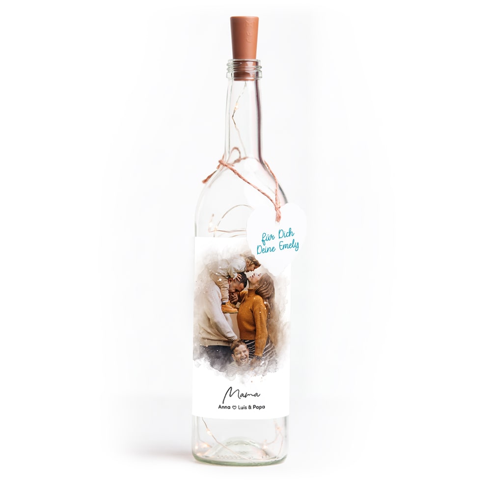 Deko-Glasflasche Nr. 8 "Aquarell" als personalisiertes Geschenk mit deinem eigenem Foto inkl. Lichterkette | Fotogeschenk | inkl. Batterien