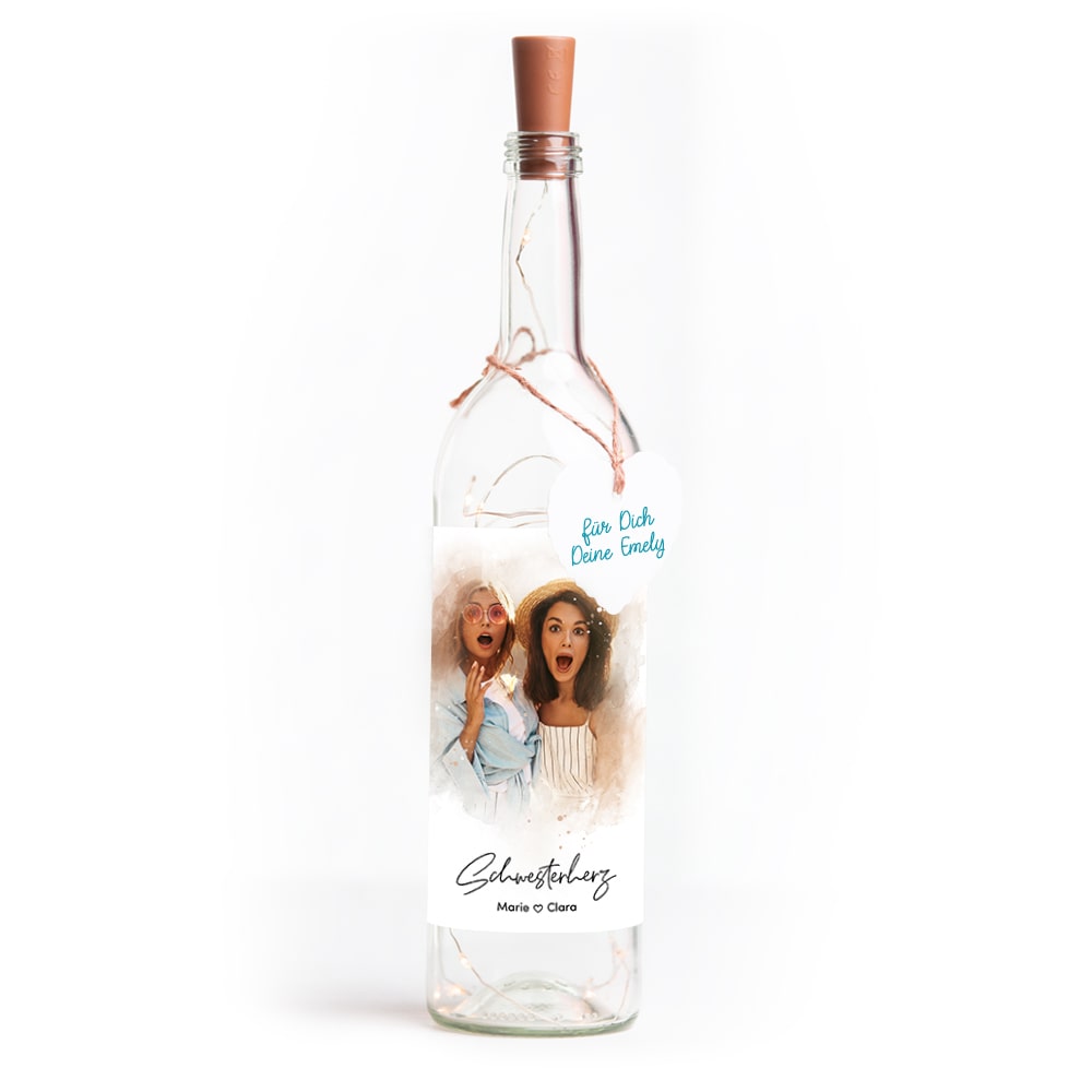 Deko-Glasflasche Nr. 8 "Aquarell" als personalisiertes Geschenk mit deinem eigenem Foto inkl. Lichterkette | Fotogeschenk | inkl. Batterien