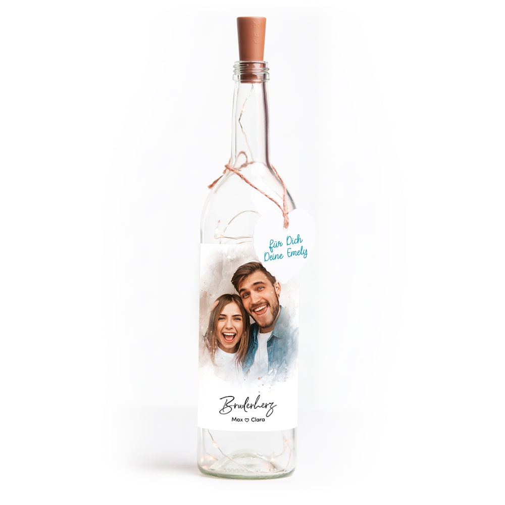 Deko-Glasflasche Nr. 8 "Aquarell" als personalisiertes Geschenk mit deinem eigenem Foto inkl. Lichterkette | Fotogeschenk | inkl. Batterien