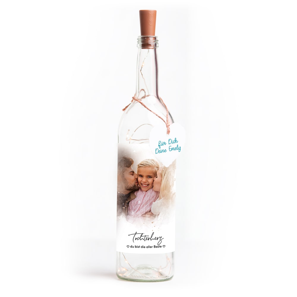 Deko-Glasflasche Nr. 8 "Aquarell" als personalisiertes Geschenk mit deinem eigenem Foto inkl. Lichterkette | Fotogeschenk | inkl. Batterien