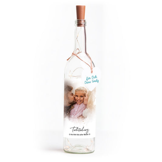 Deko-Glasflasche Nr. 8 "Aquarell" als personalisiertes Geschenk mit deinem eigenem Foto inkl. Lichterkette | Fotogeschenk | inkl. Batterien