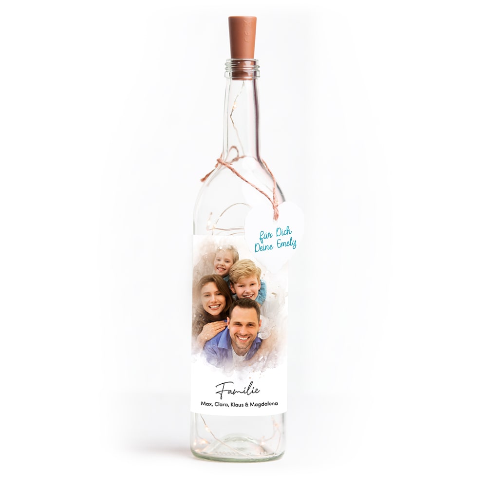 Deko-Glasflasche Nr. 8 "Aquarell" als personalisiertes Geschenk mit deinem eigenem Foto inkl. Lichterkette | Fotogeschenk | inkl. Batterien
