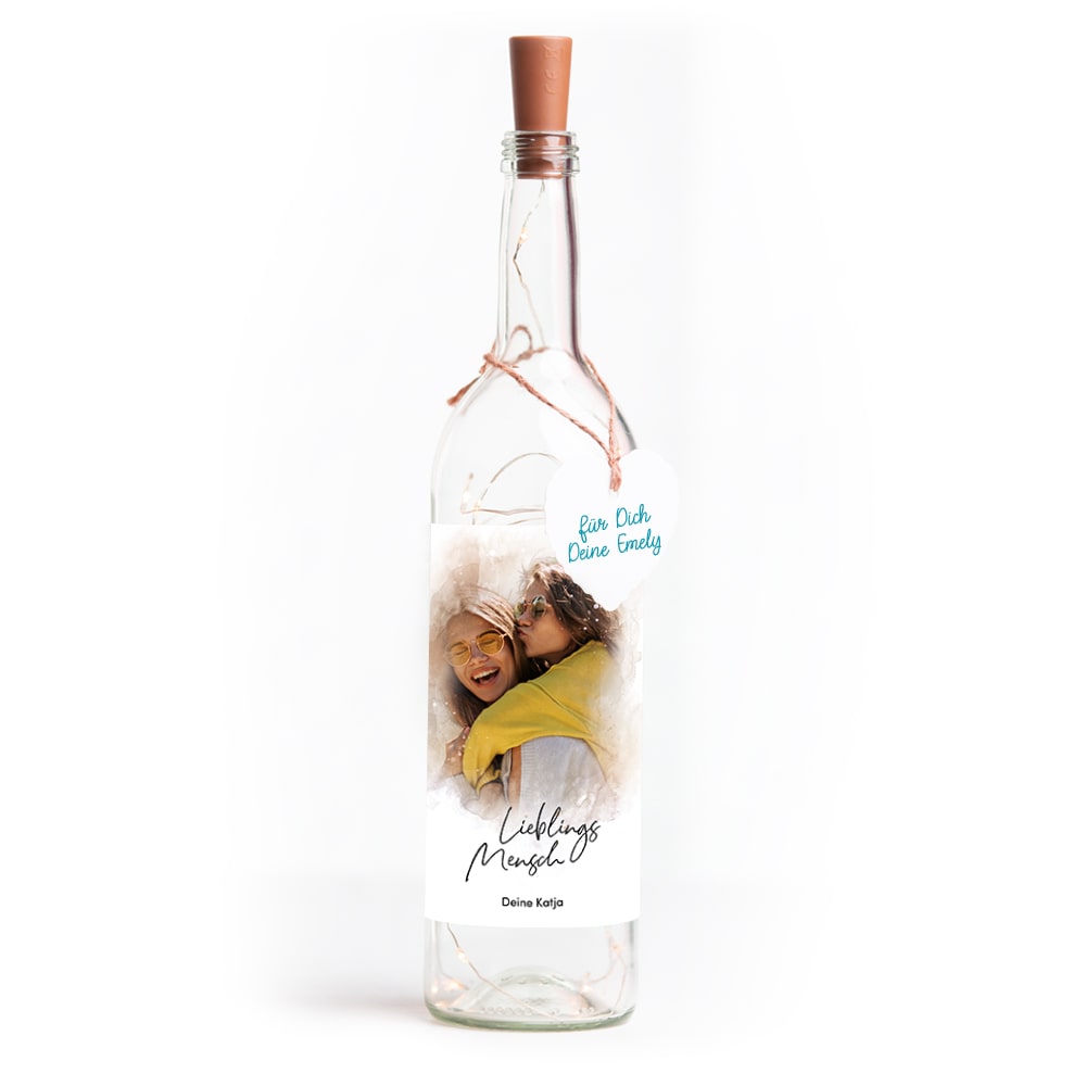 Deko-Glasflasche Nr. 8 "Aquarell" als personalisiertes Geschenk mit deinem eigenem Foto inkl. Lichterkette | Fotogeschenk | inkl. Batterien