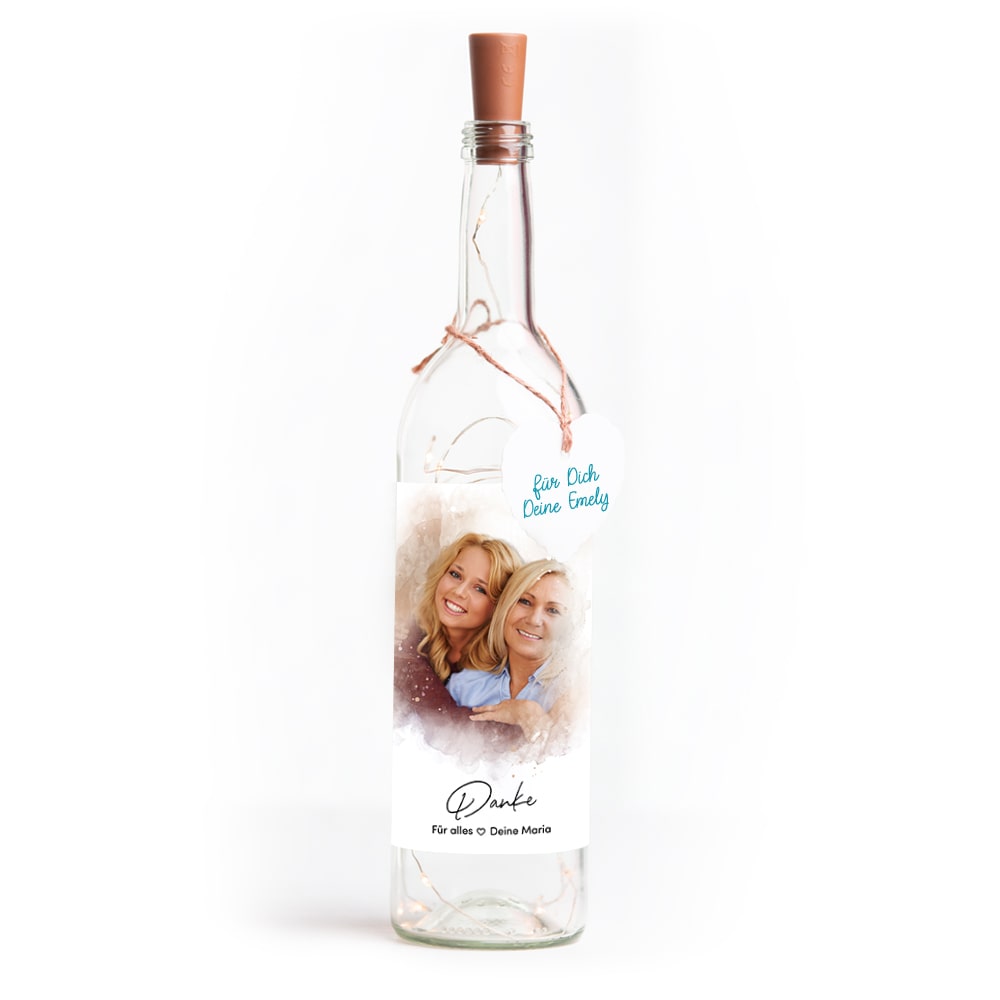 Deko-Glasflasche Nr. 8 "Aquarell" als personalisiertes Geschenk mit deinem eigenem Foto inkl. Lichterkette | Fotogeschenk | inkl. Batterien