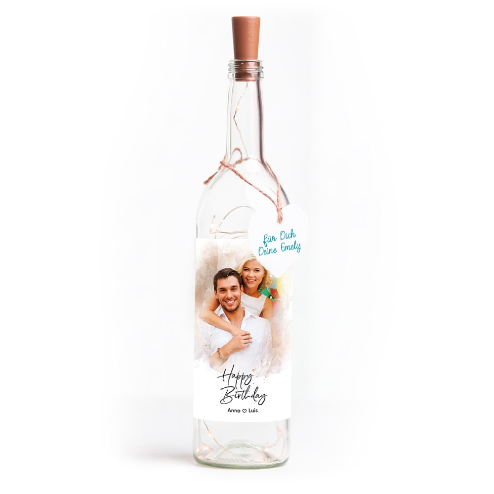 Deko-Glasflasche Nr. 8 "Aquarell" als personalisiertes Geschenk mit deinem eigenem Foto inkl. Lichterkette | Fotogeschenk | inkl. Batterien