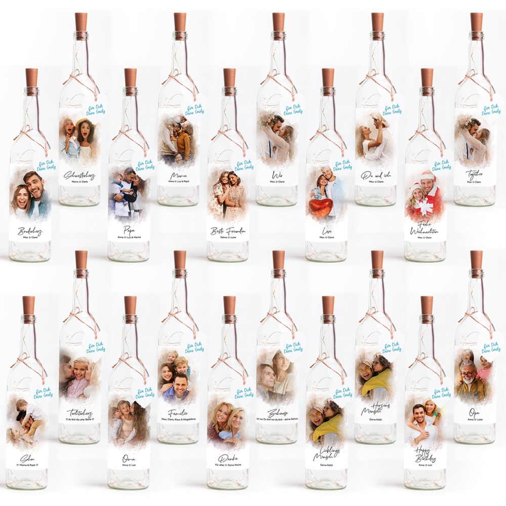 Deko-Glasflasche Nr. 8 "Aquarell" als personalisiertes Geschenk mit deinem eigenem Foto inkl. Lichterkette | Fotogeschenk | inkl. Batterien