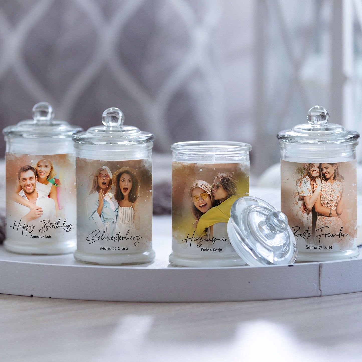 Duftkerze im Glas Nr. 8 "Aquarell" als personalisiertes Geschenk mit deinem eigenem Foto - Groß | Duft: Vanille | Handgegossen in Bayern | 100% Sojawachs | 400 g Wachs | bis zu 100 h Brenndauer