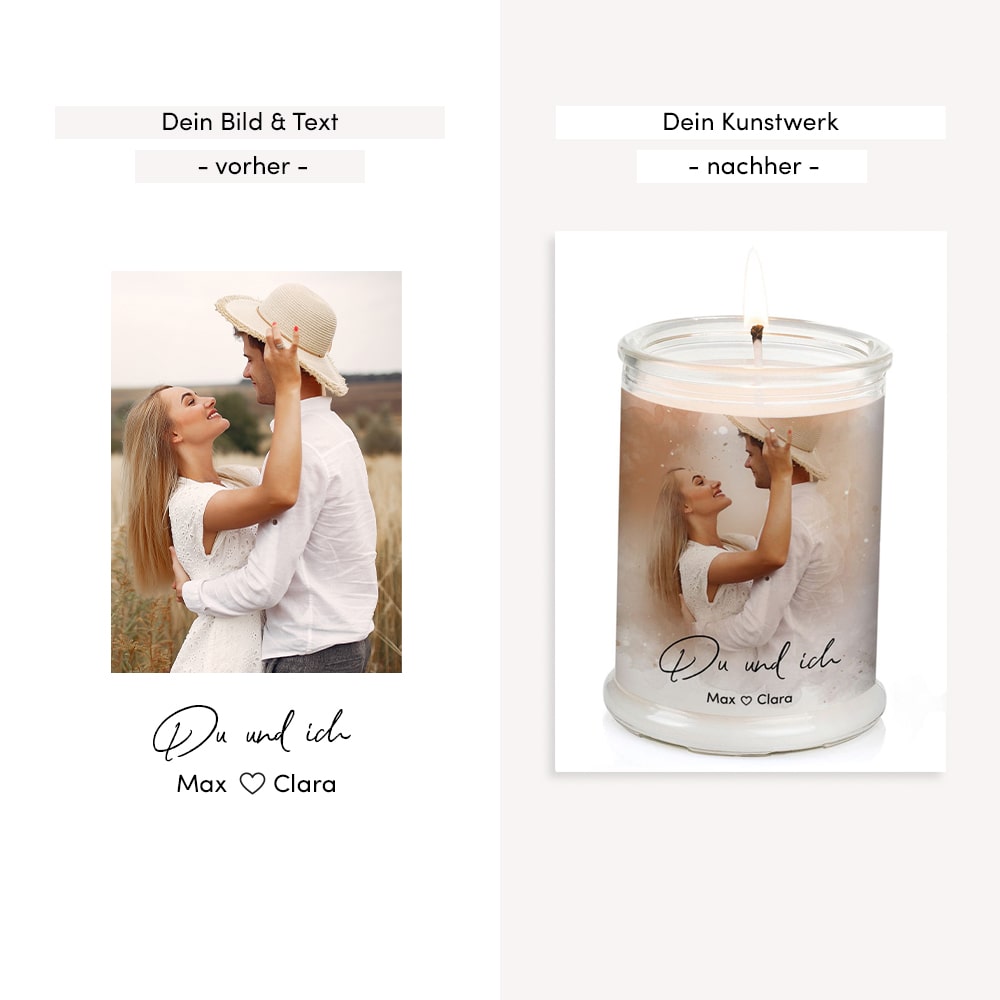 Duftkerze im Glas Nr. 8 "Aquarell" als personalisiertes Geschenk mit deinem eigenem Foto - Groß | Duft: Vanille | Handgegossen in Bayern | 100% Sojawachs | 400 g Wachs | bis zu 100 h Brenndauer