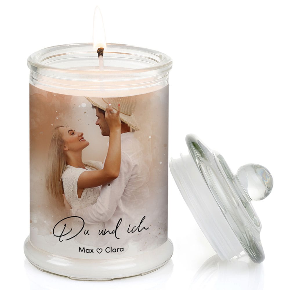 Duftkerze im Glas Nr. 8 "Aquarell" als personalisiertes Geschenk mit deinem eigenem Foto - Groß | Duft: Vanille | Handgegossen in Bayern | 100% Sojawachs | 400 g Wachs | bis zu 100 h Brenndauer