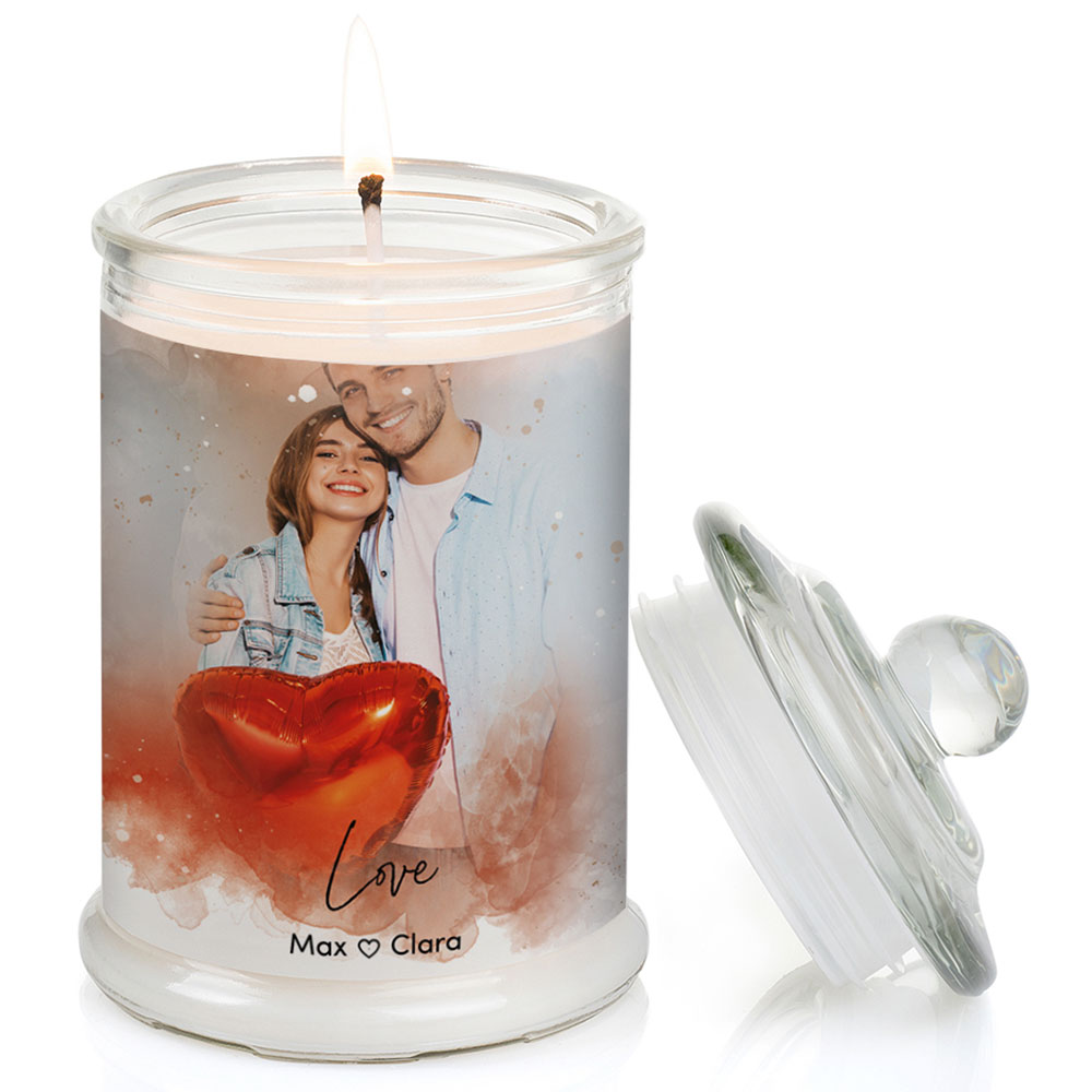 Duftkerze im Glas Nr. 8 "Aquarell" als personalisiertes Geschenk mit deinem eigenem Foto - Groß | Duft: Vanille | Handgegossen in Bayern | 100% Sojawachs | 400 g Wachs | bis zu 100 h Brenndauer