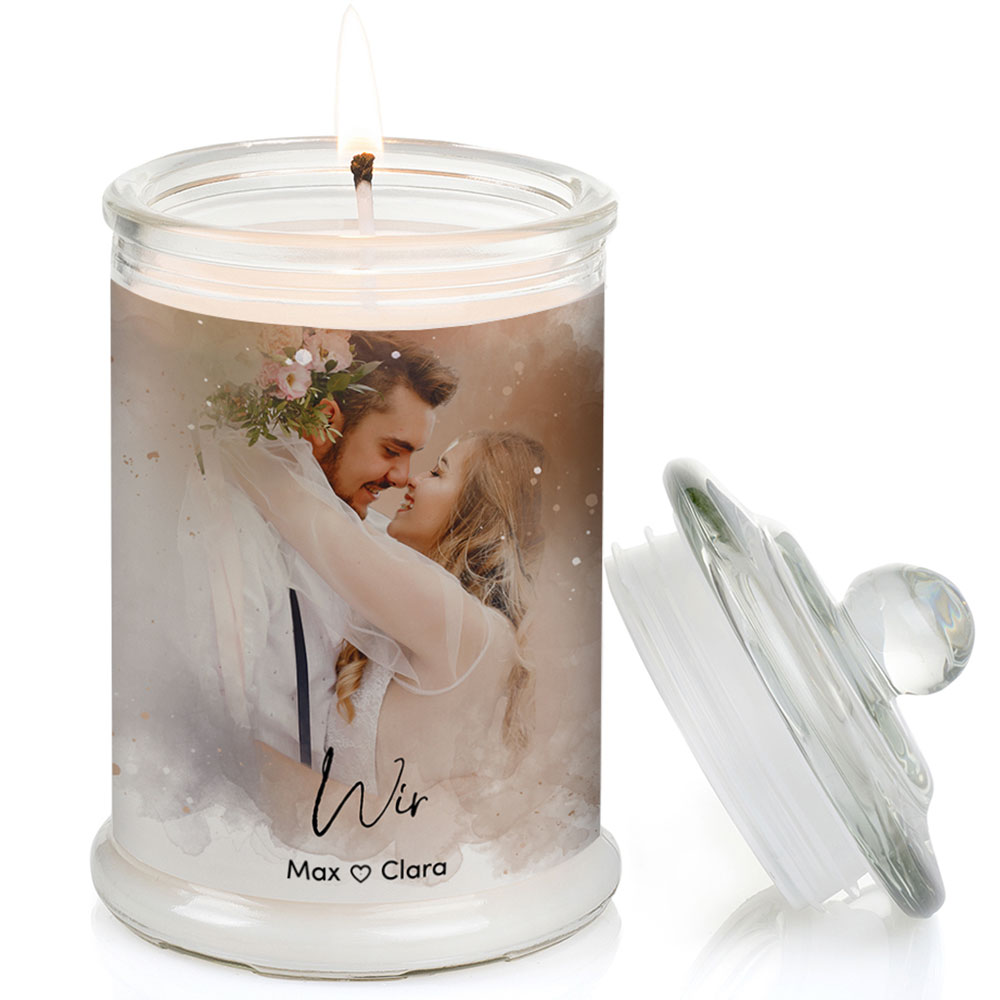 Duftkerze im Glas Nr. 8 "Aquarell" als personalisiertes Geschenk mit deinem eigenem Foto - Groß | Duft: Vanille | Handgegossen in Bayern | 100% Sojawachs | 400 g Wachs | bis zu 100 h Brenndauer