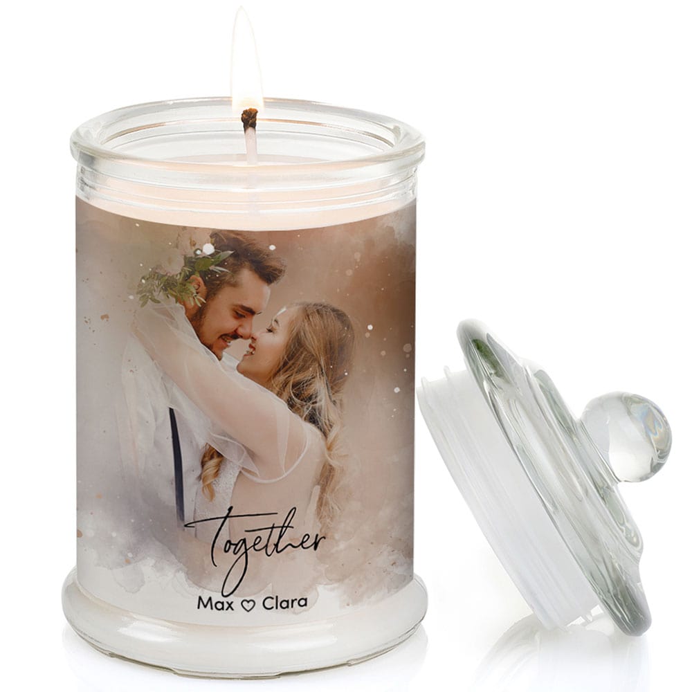 Duftkerze im Glas Nr. 8 "Aquarell" als personalisiertes Geschenk mit deinem eigenem Foto - Groß | Duft: Vanille | Handgegossen in Bayern | 100% Sojawachs | 400 g Wachs | bis zu 100 h Brenndauer