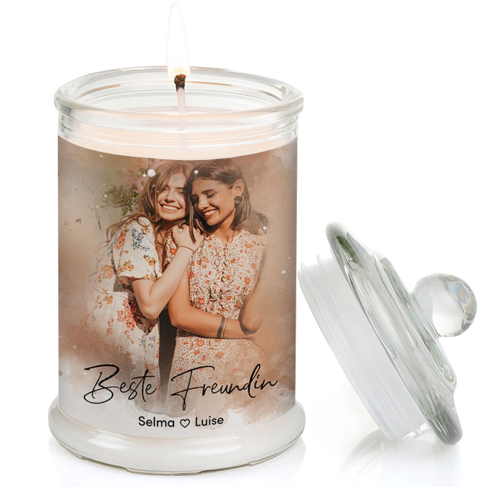 Duftkerze im Glas Nr. 8 "Aquarell" als personalisiertes Geschenk mit deinem eigenem Foto - Groß | Duft: Vanille | Handgegossen in Bayern | 100% Sojawachs | 400 g Wachs | bis zu 100 h Brenndauer