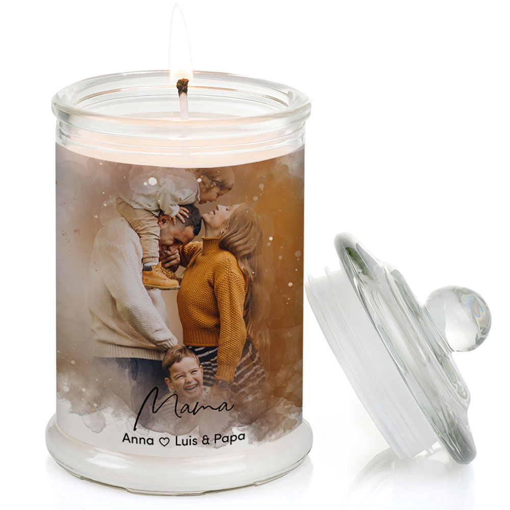 Duftkerze im Glas Nr. 8 "Aquarell" als personalisiertes Geschenk mit deinem eigenem Foto - Groß | Duft: Vanille | Handgegossen in Bayern | 100% Sojawachs | 400 g Wachs | bis zu 100 h Brenndauer