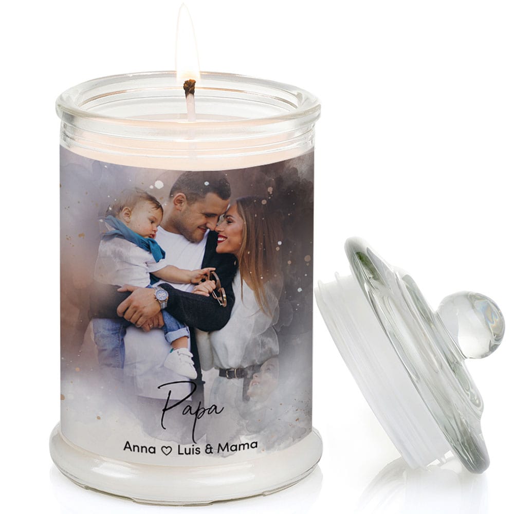 Duftkerze im Glas Nr. 8 "Aquarell" als personalisiertes Geschenk mit deinem eigenem Foto - Groß | Duft: Vanille | Handgegossen in Bayern | 100% Sojawachs | 400 g Wachs | bis zu 100 h Brenndauer