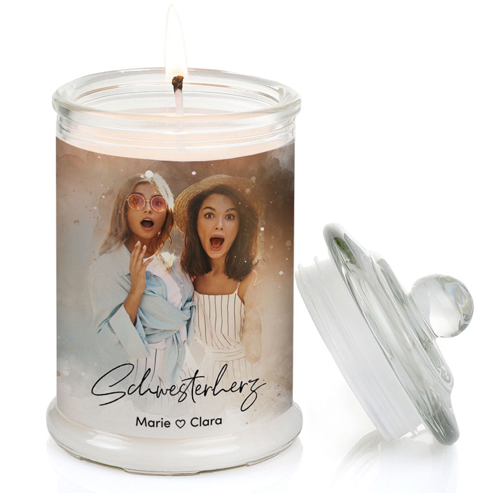 Duftkerze im Glas Nr. 8 "Aquarell" als personalisiertes Geschenk mit deinem eigenem Foto - Groß | Duft: Vanille | Handgegossen in Bayern | 100% Sojawachs | 400 g Wachs | bis zu 100 h Brenndauer