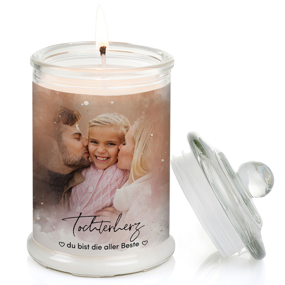 Duftkerze im Glas Nr. 8 "Aquarell" als personalisiertes Geschenk mit deinem eigenem Foto - Groß | Duft: Vanille | Handgegossen in Bayern | 100% Sojawachs | 400 g Wachs | bis zu 100 h Brenndauer