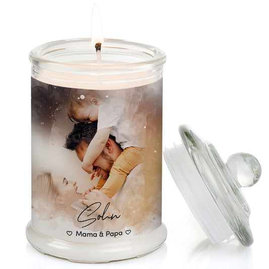 Duftkerze im Glas Nr. 8 "Aquarell" als personalisiertes Geschenk mit deinem eigenem Foto - Groß | Duft: Vanille | Handgegossen in Bayern | 100% Sojawachs | 400 g Wachs | bis zu 100 h Brenndauer