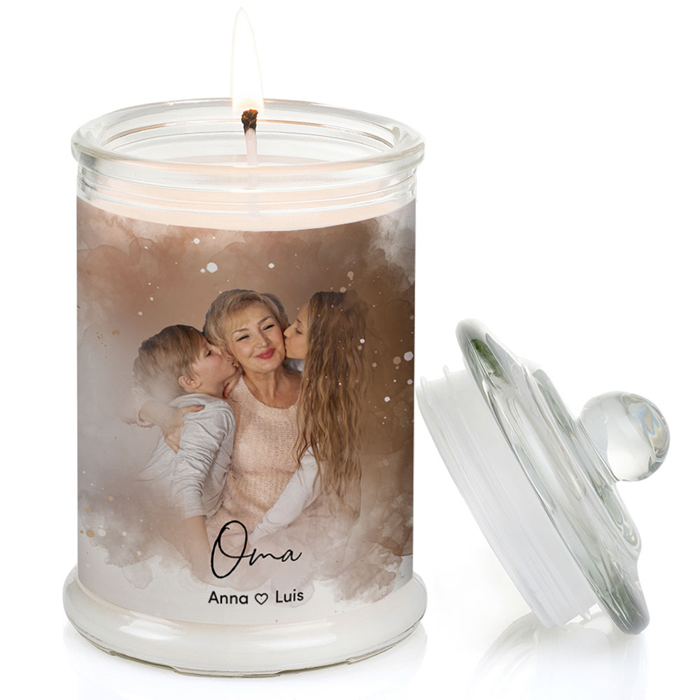 Duftkerze im Glas Nr. 8 "Aquarell" als personalisiertes Geschenk mit deinem eigenem Foto - Groß | Duft: Vanille | Handgegossen in Bayern | 100% Sojawachs | 400 g Wachs | bis zu 100 h Brenndauer