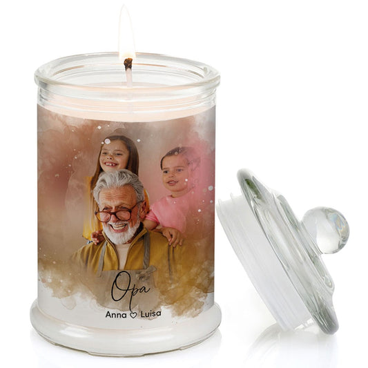 Duftkerze im Glas Nr. 8 "Aquarell" als personalisiertes Geschenk mit deinem eigenem Foto - Groß | Duft: Vanille | Handgegossen in Bayern | 100% Sojawachs | 400 g Wachs | bis zu 100 h Brenndauer