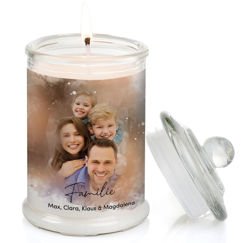 Duftkerze im Glas Nr. 8 "Aquarell" als personalisiertes Geschenk mit deinem eigenem Foto - Groß | Duft: Vanille | Handgegossen in Bayern | 100% Sojawachs | 400 g Wachs | bis zu 100 h Brenndauer