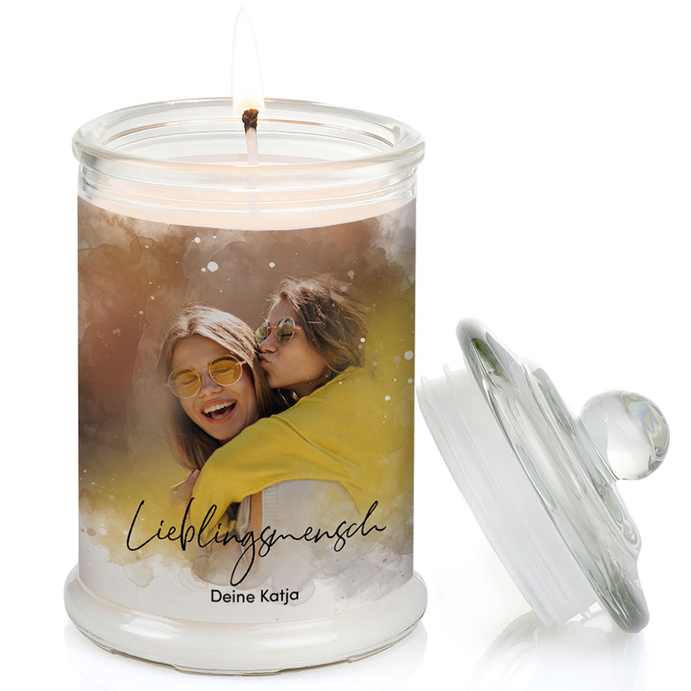 Duftkerze im Glas Nr. 8 "Aquarell" als personalisiertes Geschenk mit deinem eigenem Foto - Groß | Duft: Vanille | Handgegossen in Bayern | 100% Sojawachs | 400 g Wachs | bis zu 100 h Brenndauer