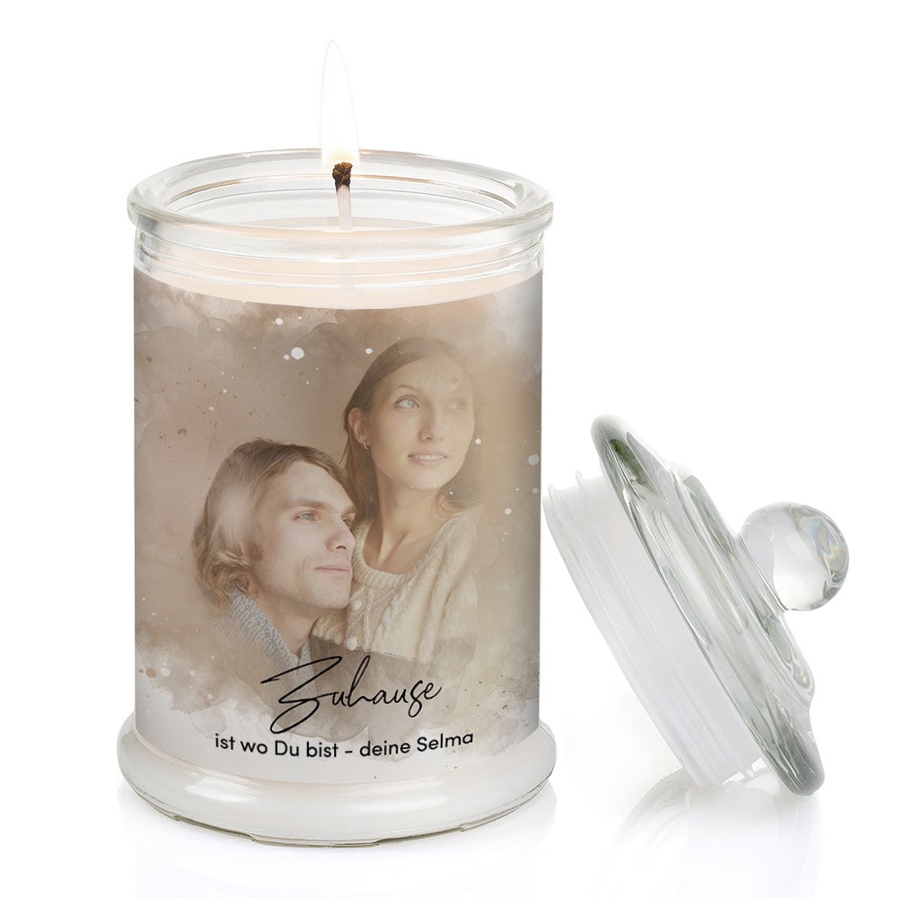 Duftkerze im Glas Nr. 8 "Aquarell" als personalisiertes Geschenk mit deinem eigenem Foto - Groß | Duft: Vanille | Handgegossen in Bayern | 100% Sojawachs | 400 g Wachs | bis zu 100 h Brenndauer