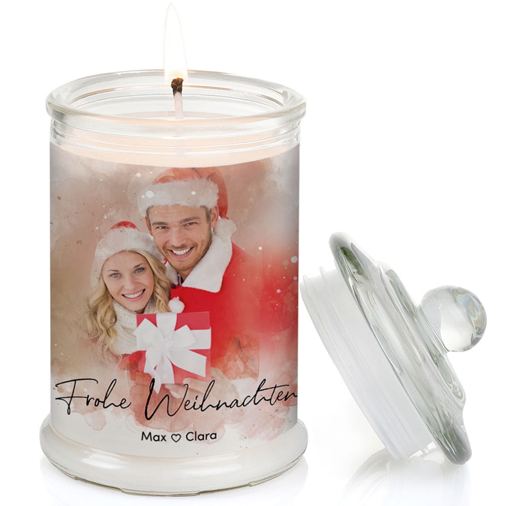 Duftkerze im Glas Nr. 8 "Aquarell" als personalisiertes Geschenk mit deinem eigenem Foto - Groß | Duft: Vanille | Handgegossen in Bayern | 100% Sojawachs | 400 g Wachs | bis zu 100 h Brenndauer
